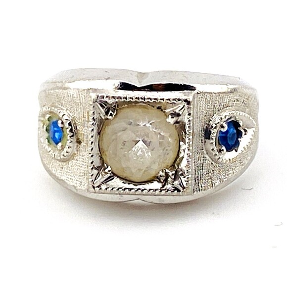 Vintage Sterling Silver Three Stone Signet Ring Sz 6 Simulated Sapphire - Picture 1 of 7